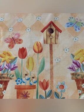 Vintage Whimsical Garden Shower Curtain - Birdhouses, Tulips & Butterflies
